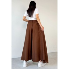 PNT-07410 Kahverengi Dokuma Kuşaklı Şalvar Etek Pantolon