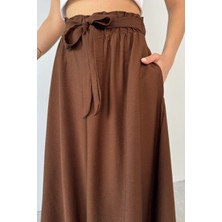 PNT-07410 Kahverengi Dokuma Kuşaklı Şalvar Etek Pantolon