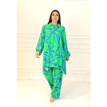 Markano Yeşil Desenli Dik Yaka Cepli Tunik Pantolon Takım