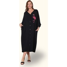 Markano Siyah V Yaka Önü ve Sırtı Flamingo Nakışlı Cepli Oversize Uzun Gömlek Elbise
