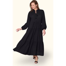 Markano Siyah Balon Kol Önü Düğmeli Kat Kat Uzun Elbise