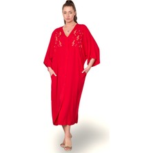 Markano Kırmızı V Yaka Önü Nota Nakışlı Cepli Oversize Uzun Gömlek Elbise