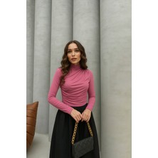 Pembe Uzun Kollu Büzgülü Bluz