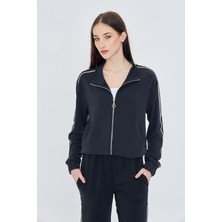 Fermuarlı Şeritli Modal Sweatshirt
