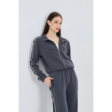 Fermuarlı Şeritli Modal Sweatshirt