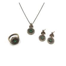 Otantik Zirkon Zümrüt Rengi Yuvarlak Bronz Set