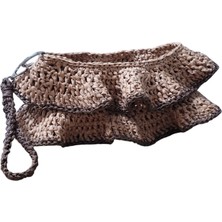 Gojo Handmade Clutch Portföy Model Saman Rengi Rafya İp Fırfırlı El Çantası-Mıknatıs Kapama