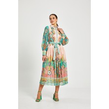 Kadın Desenli Gömlek Yaka Elbise – Kuşaklı, Astarlı, Uzun Kollu, %100 Polyester Dış, %100 Pamuk Astar