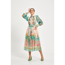 Kadın Desenli Gömlek Yaka Elbise – Kuşaklı, Astarlı, Uzun Kollu, %100 Polyester Dış, %100 Pamuk Astar