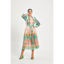 Kadın Desenli Gömlek Yaka Elbise – Kuşaklı, Astarlı, Uzun Kollu, %100 Polyester Dış, %100 Pamuk Astar