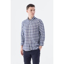 Jakamen Lacivert Comfort Fit Kareli %100 Keten Gömlek