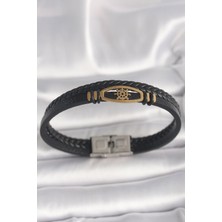 316L Çelik Gold Renk Gemi Dümen Figür Siyah Renk Çift Sıra Burgu Desenli Deri Kordon Erkek Bileklik - Lisinya