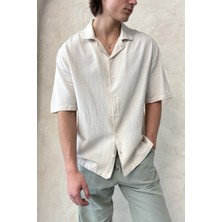 Erkek Oversize Apaş Yaka Kısa Kollu Keten Gömlek