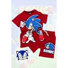 Baskılı Tişört Şort ve Sonic Maskeli Kırmızı Renk Çocuk Takım
