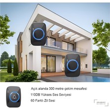 Kapı Zili 1 Buton 2 Alıcı Kablosuz Ledli Modern  300METRE Menzil 60 Çeşit Zil 5 Seviye Ses