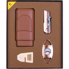 Parmida Çakmak Kesici Kılıf Sehpa Bronz-Taba Dörtlü Puro Seti