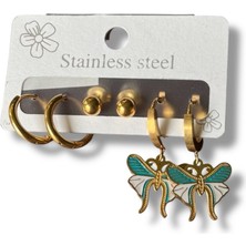 Mavi Kelebekli Sallantılı Üçlü Çelik Küpe