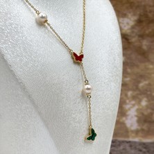 Incili Özel Seri Kelebek Mineli Gümüş Kolye