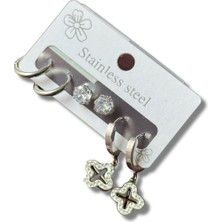 Üçlü Yonca Sallantılı Gri Çelik Küpe