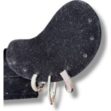 Üçlü Halka Gümüş Renk Taşlı Trend Çelik Küpe