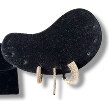 Üçlü Halka Gümüş Renk Taşlı Trend Çelik Küpe