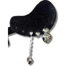 Üçlü Şık Çoklu Kalpli Gri Çelik Küpe