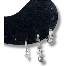 Üçlü Şık Taşlı Sallantılı Halka Gri Çelik Küpe