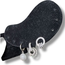 Yuvarlak Gri Taşlı Klipsli Şık Üçlü Çelik Küpe