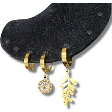 Üçlü Yapraklı Taşlı Gold Çelik Küpe