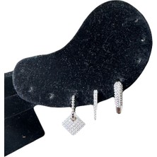 Üçlü Kare ve Üçgen Taşlı Sallantılı Klipsli Çelik Küpe