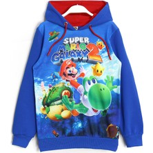 DobaKids Super Mario 3D Baskılı Kışlık Mevsimlik Uzun Kollu Kapüşonlu Hoodie Sweatshirt Mavi 001-0002048
