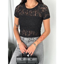 Noa Noa Dantel Kısa Kollu Bisiklet Yaka Crop Bluz