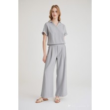 Keten Zarif Kadin T-Shirt ve Uzun Pantolon Alt Üst Ikili Takım V Yaka Kısa Kollu Salaş Rahat Gri Elbise