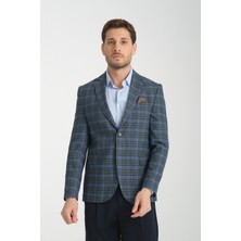 Frappoli Nina Erkek Lacivert - Yeşil Ekose Slim Fit Mono Yaka Spor Blazer Ceket