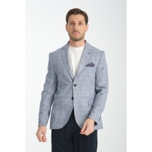 Frappoli Flores Erkek Lacivert Ekose Keten Görünümlü Slim Fit Mono Yaka Spor Blazer Ceket