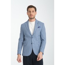 Frappoli Assente Erkek Lacivert - Mavi Keten Görünümlü Ekose Slim Fit Mono Yaka Spor Blazer Ceket