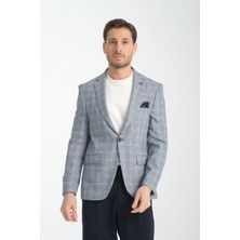 Frappoli Barella Erkek Lacivert Ekose Slim Fit Mono Yaka Spor Blazer Ceket
