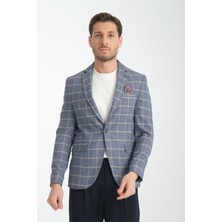 Frappoli Vestore Erkek Açık Lacivert Ekose Slim Fit Mono Yaka Spor Blazer Ceket