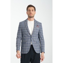 Frappoli Vestore Erkek Lacivert Ekose Slim Fit Mono Yaka Spor Blazer Ceket
