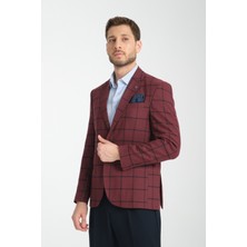 Frappoli Tadufe Erkek Bordo - Lacivert Ekose Slim Fit Mono Yaka Spor Blazer Ceket