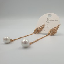 Rose Renk Zirkon Taşlı Şık Kanat Detaylı Inci Sallantılı Xuping Küpe