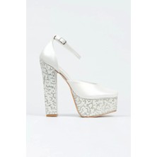 Paybuy Kadın Moda Şık Cilt Ökçe Poli Inci Taşlı Klasik Köşe Kalıplı Kalın Düğün Nişan Gece Abiye Ayakkabı