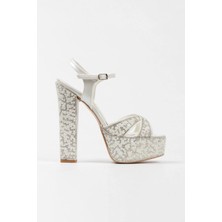 Kadın Moda Platin Ayna Full Inci Taşlı Klasik Köşe Kalıplı Kalın Düğün Nişan Gece Abiye Ayakkabı