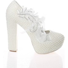 Kadın Moda Beyaz Sedef Inci Taş Işlemeli Gelin Ayakkabı Topuklu Düğün Nişan Gece Abiye Ayakkabı