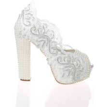 Kadın Moda Beyaz Sedef Inci Taş Işlemeli Gelin Ayakkabı Topuklu Düğün Nişan Gece Abiye Ayakkabı