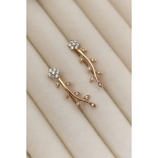 Çiçek Detaylı Zeytindalı Vintage Kulak Çerçevesi Rose Küpe