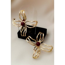  Bordo Inci Detaylı Gold Büyük Boy Metal Çiçek Küpe (6,5cm)