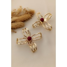  Bordo Inci Detaylı Gold Büyük Boy Metal Çiçek Küpe (6,5cm)