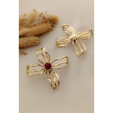  Bordo Inci Detaylı Gold Büyük Boy Metal Çiçek Küpe (6,5cm)