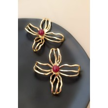 Bordo Inci Detaylı Gold Büyük Boy Metal Çiçek Küpe (6,5cm)
